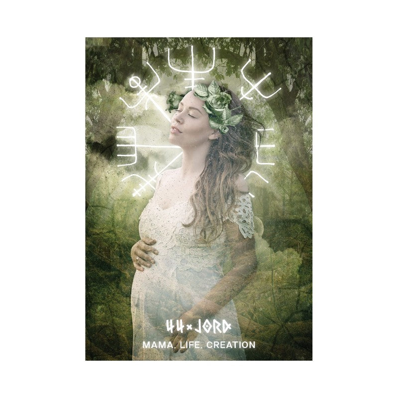 Woman in a forest with floral crown and '44 Jord' text overlay