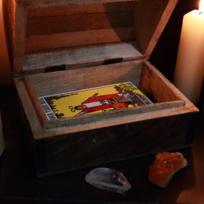 rider waite tarot cards in a wooden chest