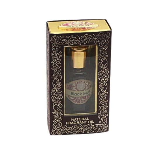 Black and gold packaging of Black Musk natural fragrant oil on a white background