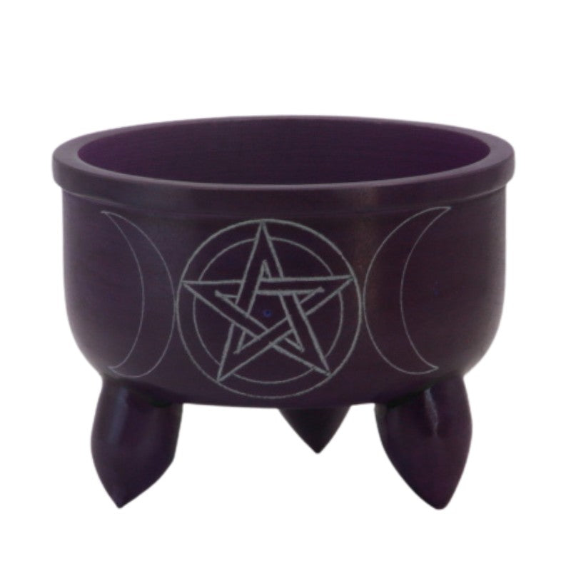 purple soapstone charcoal incense burner with triple moon pentacle design on front