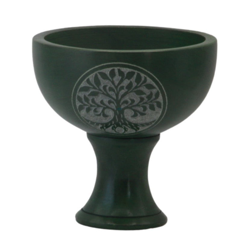 green soapstone charcoal incense burner with tree design on front