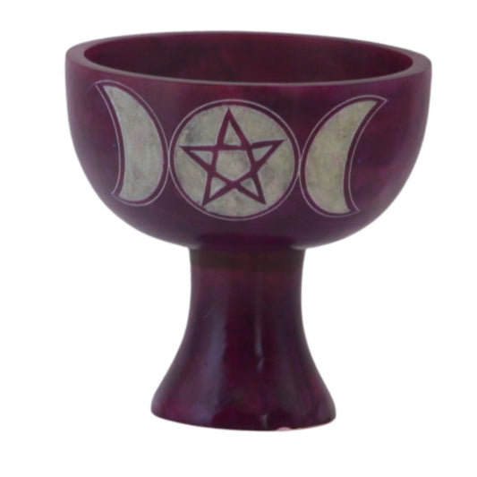 purple soapstone charcoal incense burner with triple moon pentacle design on front