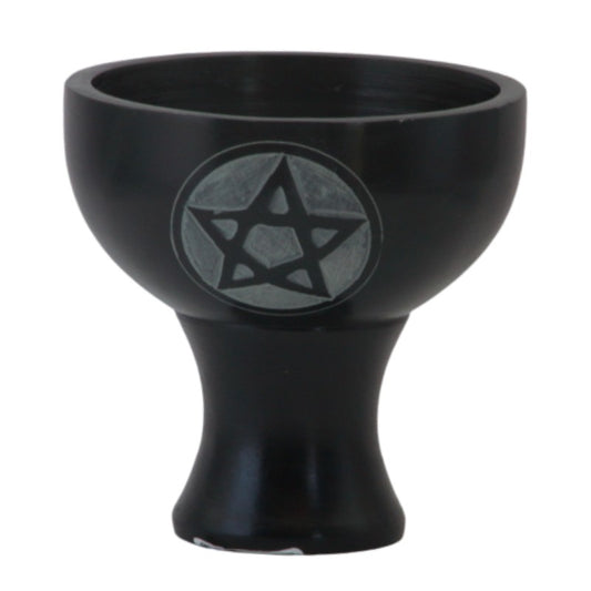 black soapstone charcoal incense burner with pentacle design on front