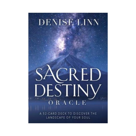 Oracle Card cover for 'Sacred Destiny Oracle' by Denise Linn, featuring a starry night sky and mountain design with white title text.