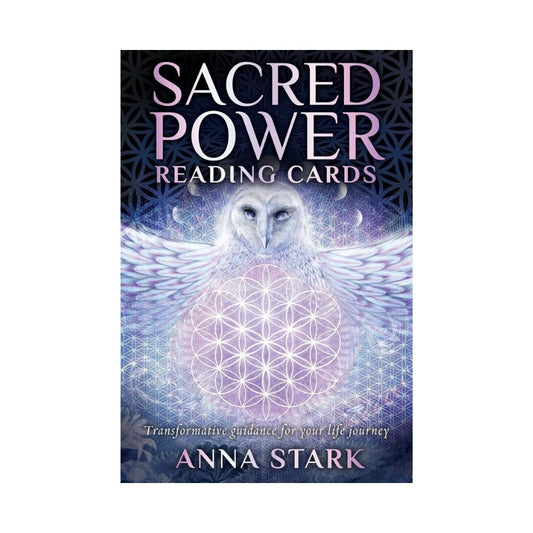 card deck cover of 'Sacred Power Reading Cards' by Anna Stark with an owl and geometric design.