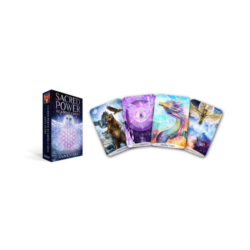 Set of tarot cards with colorful designs and a box labeled 'Sacred Power Reading Cards' on a white background.