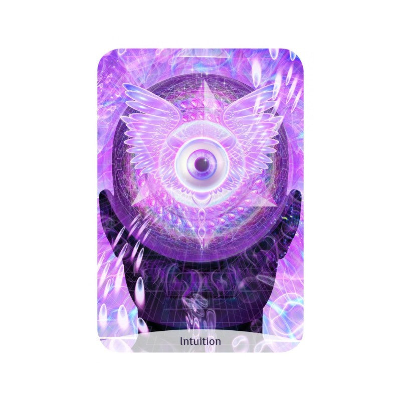 Card with a purple and white design featuring wings and the word 'Intuition' on a white background