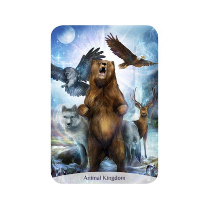 Card featuring a bear, owl, wolf, and deer with a mystical forest background labeled 'Animal Kingdom'.