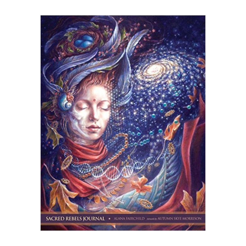 Cover of 'Sacred Rebels Journal' with artistic design of a woman and celestial elements.