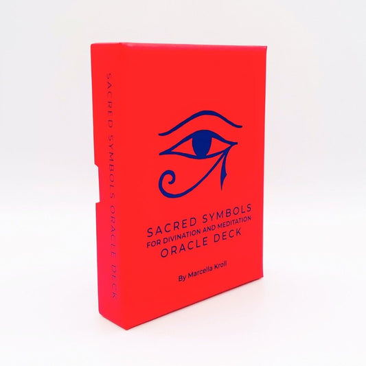 Sacred Symbols Oracle Deck box red box with blue "eye of horus" symbol on the front cover