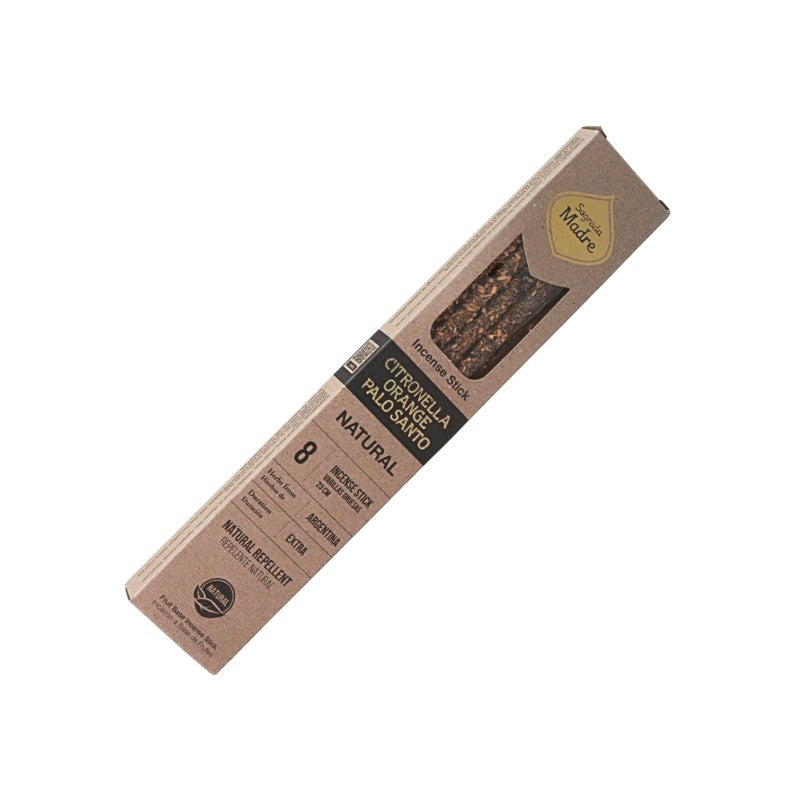Box of organic palo santo natural incense sticks on a white background