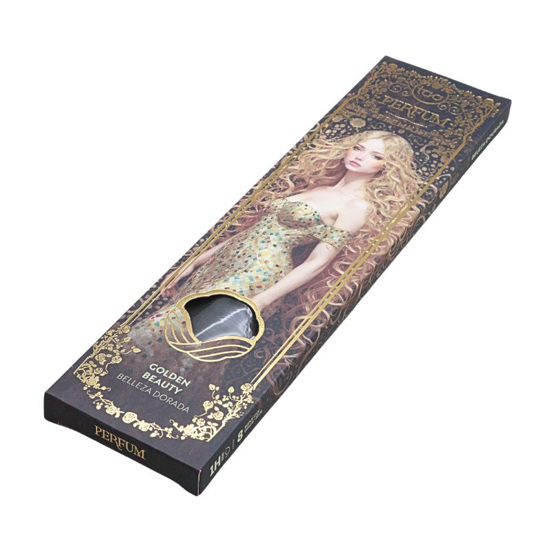 Perfume incense box with decorative design and a woman's portrait on a white background