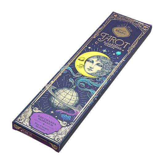 Tarot incense box with astrological design on a white background