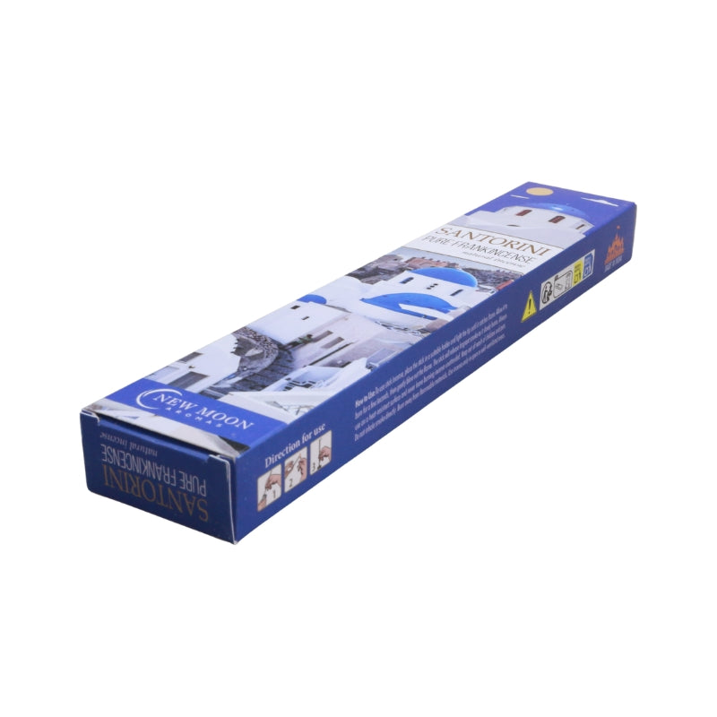 blue and white pack of "santorini pure frankincense" incense on a white background