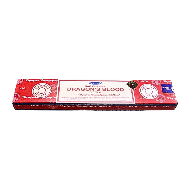 A rectangular box of Nag Champa incense sticks, featuring a red and white design with the scent name 'Dragon's Blood' printed prominently in the center.