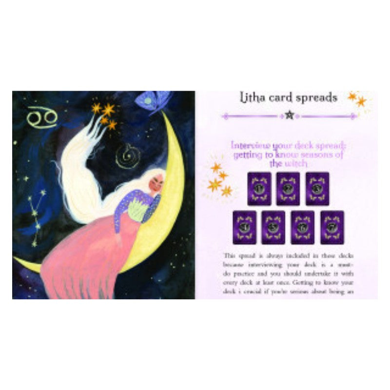 Seasons of the Witch - Litha Oracle- page from the guidebook showing a 7 card spread