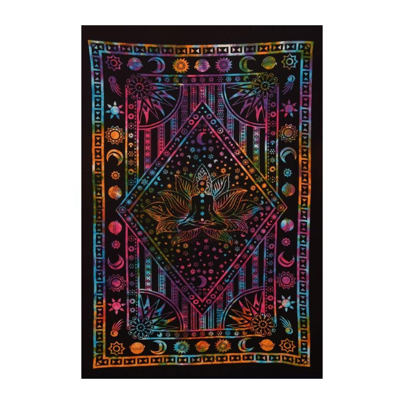 Colorful tapestry with geometric patterns and central design on a black background