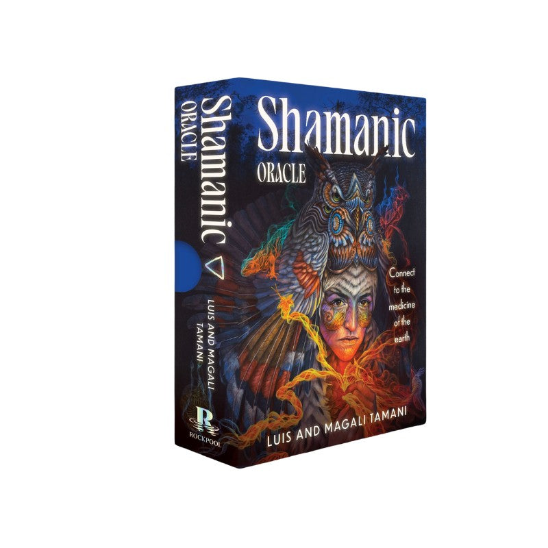 Shamanic Oracle card box with colorful design and text on a white background