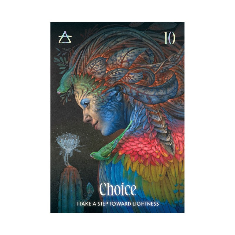 Colorful tarot card with a stylized face and floral elements on a dark background