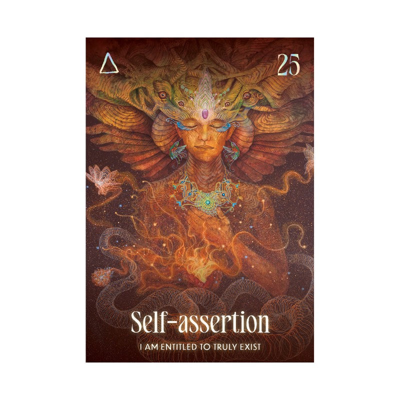 Tarot card with a stylized figure and 'Self-assertion' text on a brown background