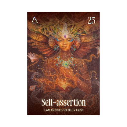 Tarot card with a stylized figure and 'Self-assertion' text on a brown background