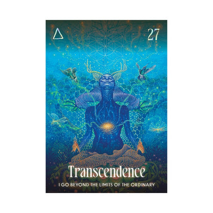 card with a blue figure and text 'Transcendence' on a blue background