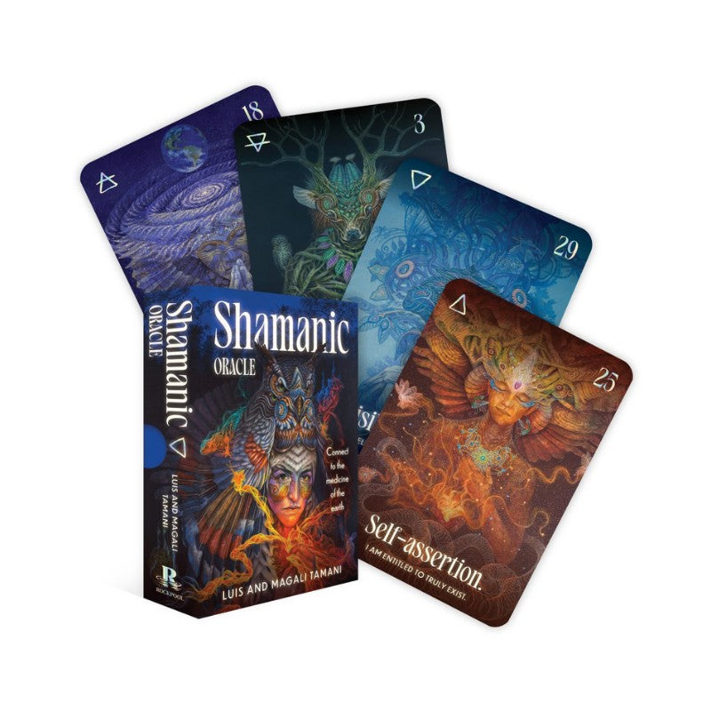 Shamanic Oracle cards with colorful designs on a white background