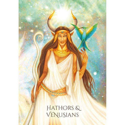 card from the shamanic star wisdom oracle deck showing a woman wearing horns o her head with a bird on her shoulder