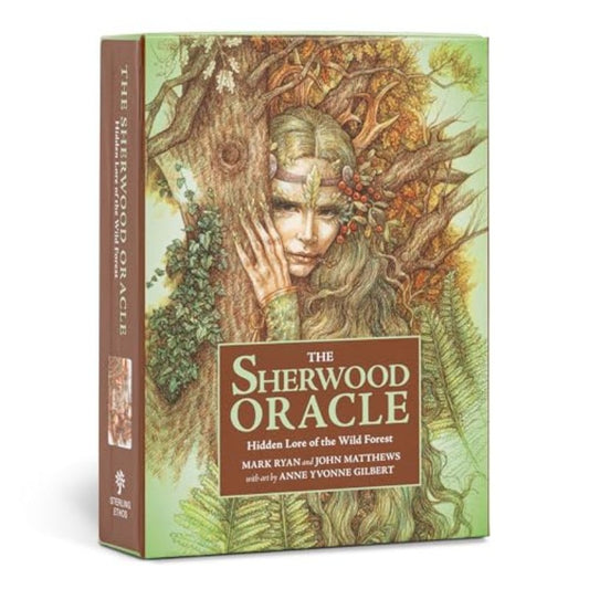 sherwood oracle- front cover of box featuring a forest fairy peeking around a tree