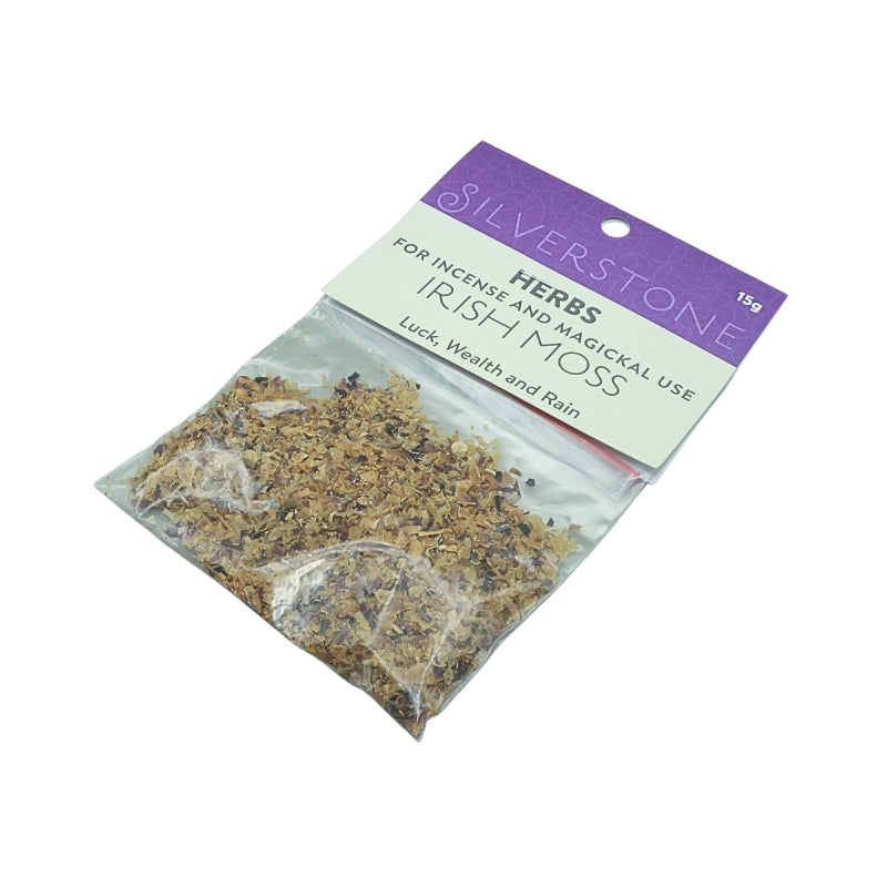 pack of dried irish moss with a white and purple swing tag on a white background
