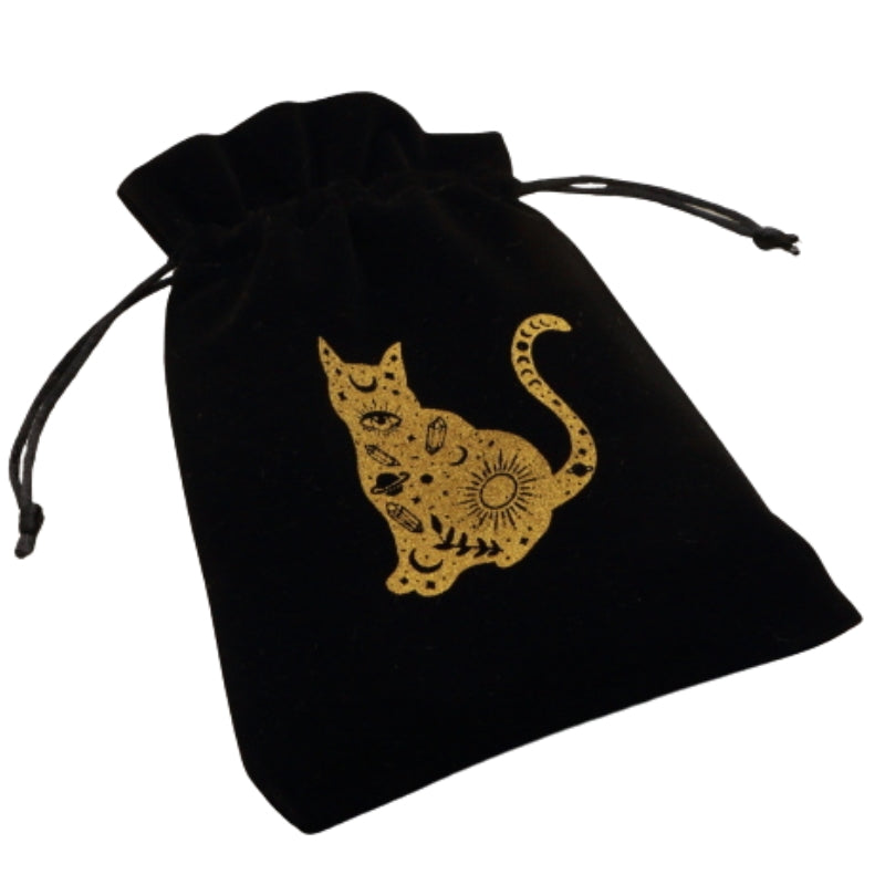 black and gold Sitting Cosmic Cat Velvet Tarot Bag for Tarot and Oracle Cards 