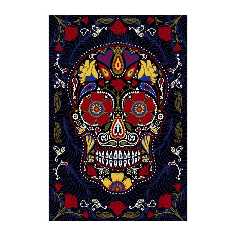 Colorful skull design with floral elements on a black background