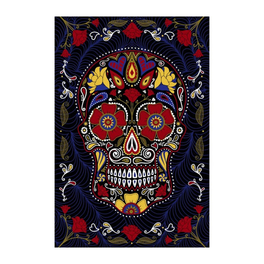 Colorful skull design with floral elements on a black background
