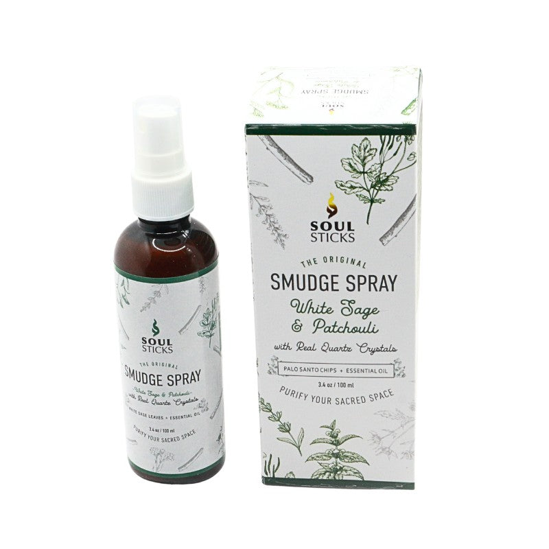 Soul Sticks Smudge Spray bottle and packaging on a white background