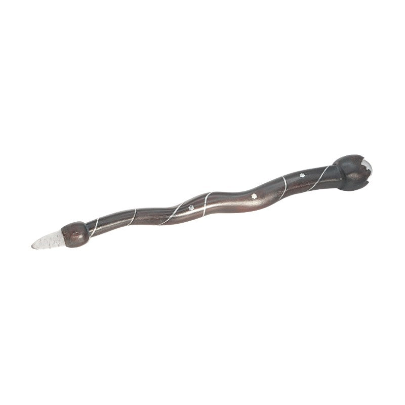 wooden snake shaped wand on white background