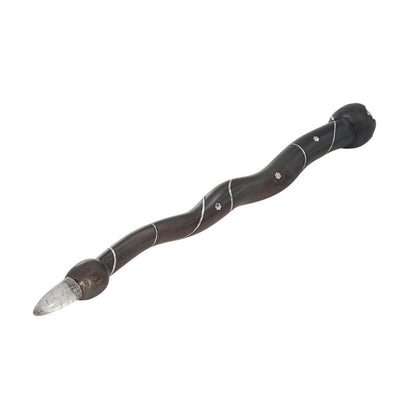 wooden snake shaped wand on white background