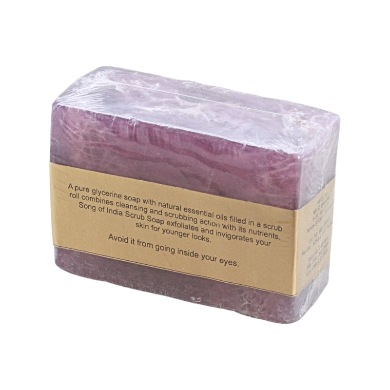 A rectangular bar of purple scrub soap wrapped in clear plastic and secured with a tan paper label, shown on a plain white background.