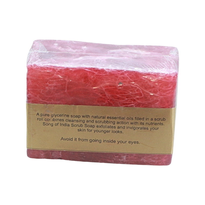 A pink and red marbled scrub bar wrapped in clear plastic with a tan paper label, shown on a plain white background.