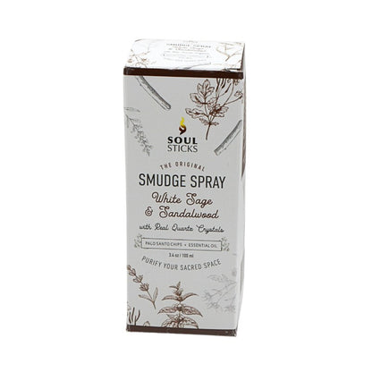 Soul Sticks Smudge Spray packaging with white sage and sandalwood design on a white background