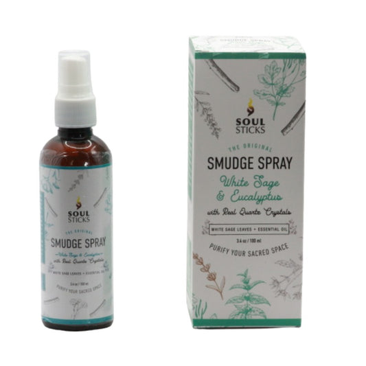 bottle of white sage and eucalyptus room spray next to box