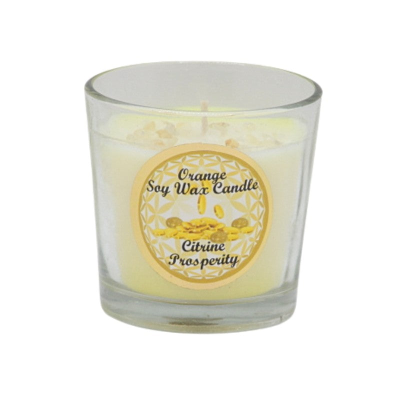 Soy wax candle with gemstone chips on top- in clear glass jar