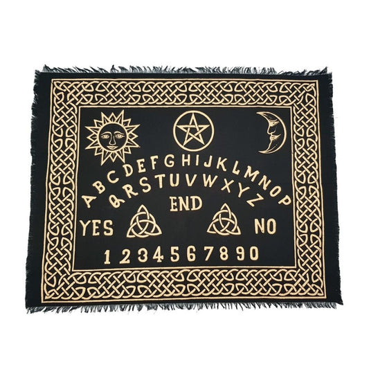 Black and gold Ouija board mat with symbols and letters on a white background