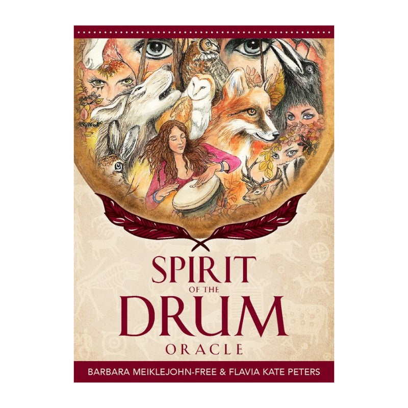 Book cover of 'Spirit of the Drum Oracle' with illustrations of animals and a woman.