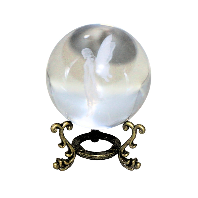 Glass Crystal Ball on a gold stand with a fairy etched inside