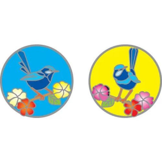 2 window stickers of 2 blue wrens- one on a blue background and one on a yellow background