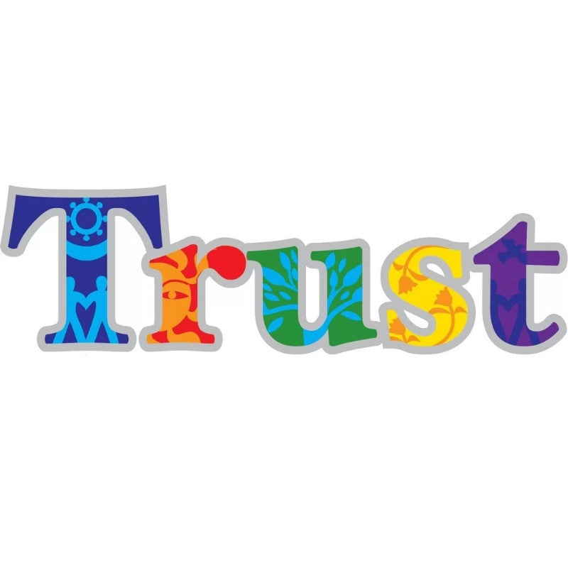 Colourful window sticker with the word trust