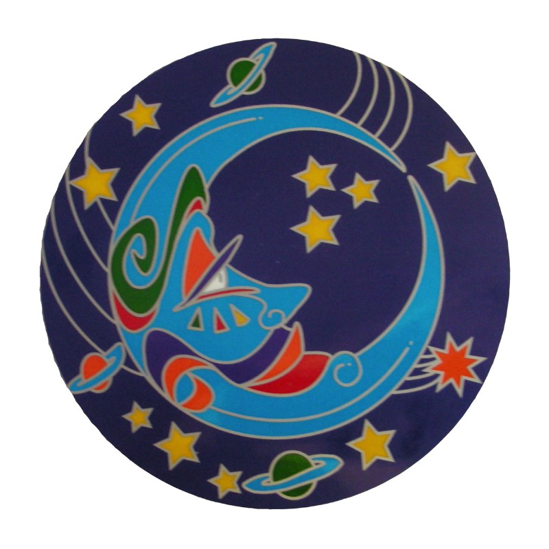 Decorative sticker with colourful space-themed design on a blue background