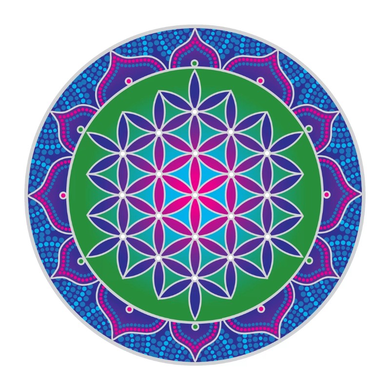 Colorful mandala design with a green center on a white background