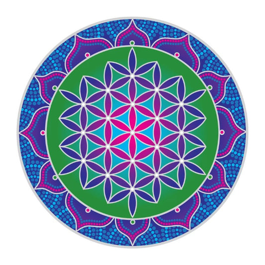 Colorful mandala design with a green center on a white background