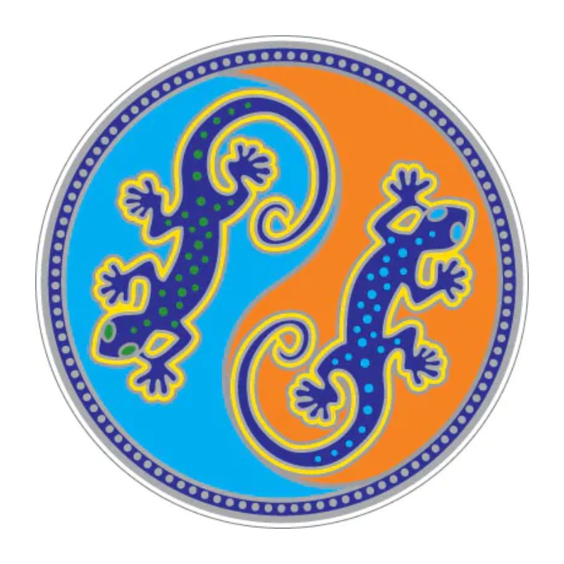 Circular sticker with blue and orange design featuring two lizards.